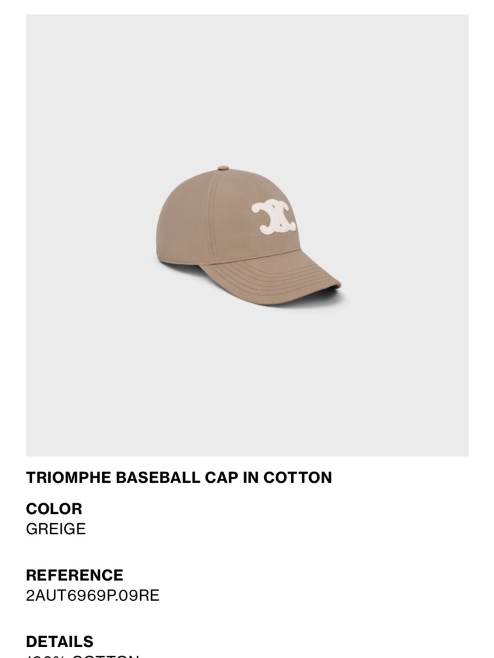 REAL Celine Greige Baseball Cap with White Double C Logo